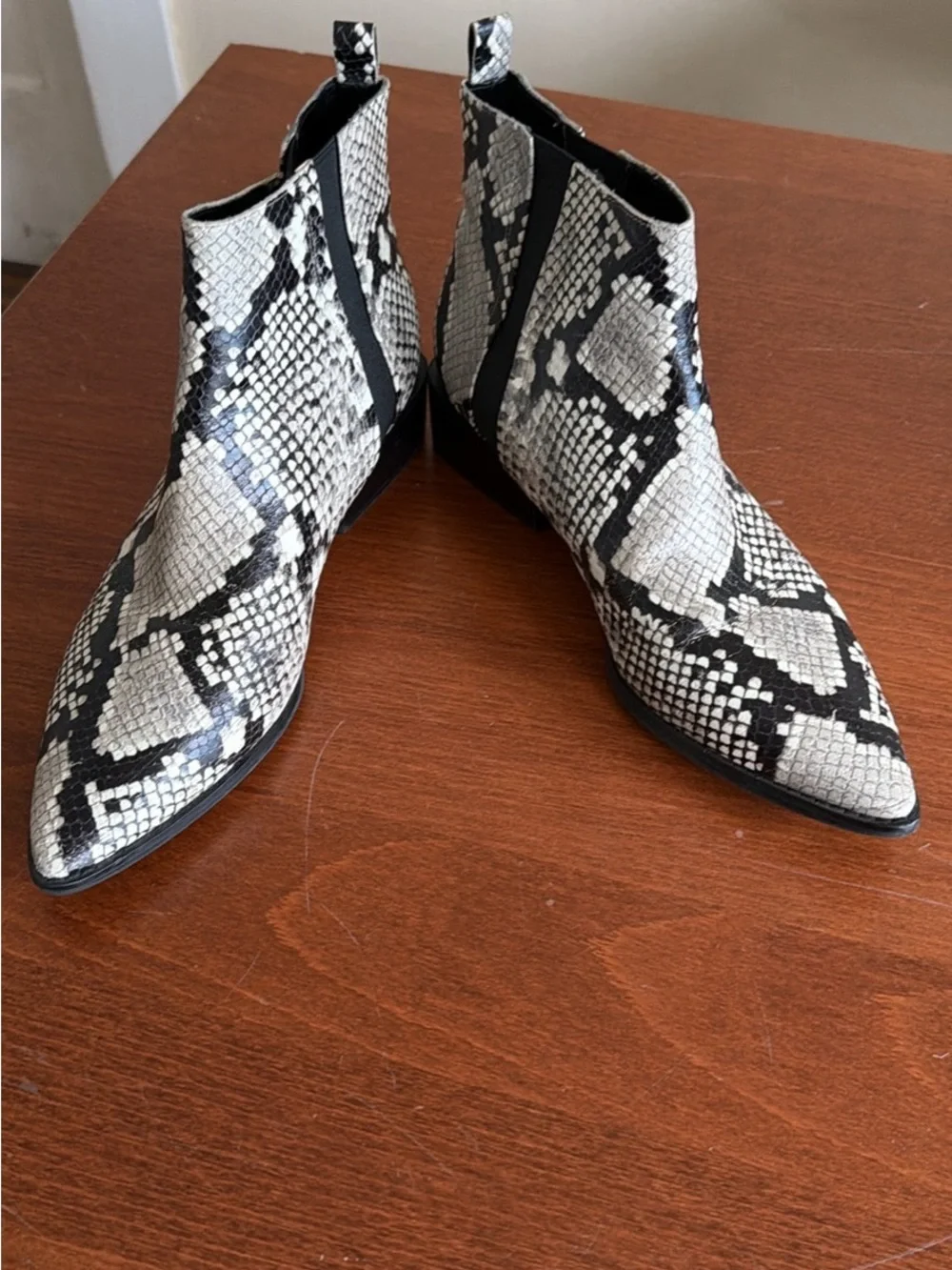 Marc Fisher Black and Cream Snake-Print Chelsea Boots